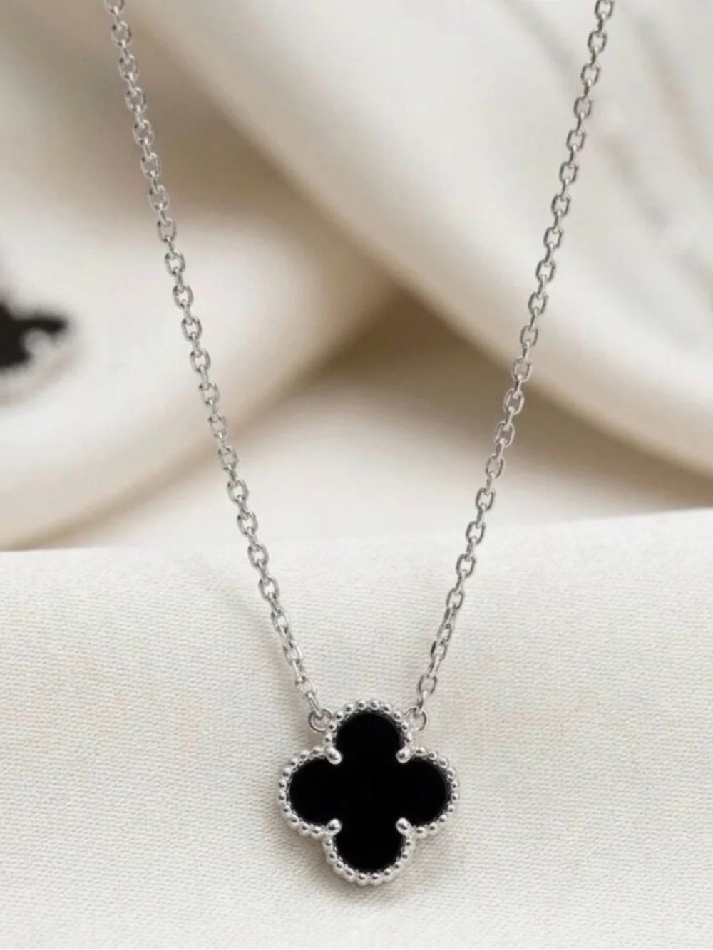 Black Flower Pendant Necklace - Silver Chain